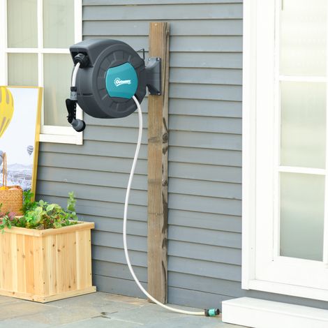 Outsunny 180° drehbare automatische Gartenschlauchaufroller, 15 + 1,4 m Schlauch mit Sprühdüse, integrierte Wandhalterung, Türkis/Grau