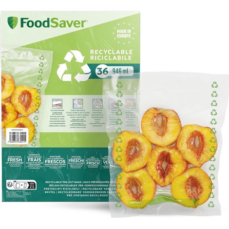FoodSaver FSBE4802X-01-36 Sacchetti Termosigillabili 100% Riciclabili per Macchina Sottovuoto Alimenti, Lavabili, Resistenti alle Forature/Strappi, senza BPA, 20.7x28 cm, 0.94 lt (1/5)