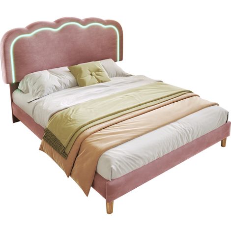 Cama para Adultos 140 x 200 cm de Terciopelo, Cama Doble con Cabecero Ajustable, Cabecero Tapizado y LED, sin Colchón, Rosa (1/5)