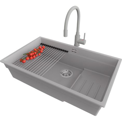 PRIMAGRAN Evier Cuisine en Granit 76x47cm, Lavabo 1 bac + Robinet 38x14cm + Kit de Vidage + Accessoire, Évier à Encastrer au meuble 80cm - Prague Slim, Gris (1/5)