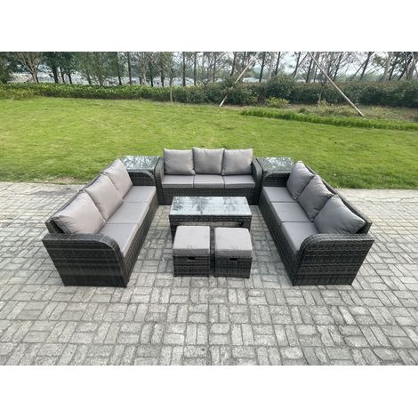 Fimous Polyrattan Gartenmöbel Set 11-Sitzer Patio Sofa Set mit Couchtisch 2 kleine Fußhockern 2 Beistelltischen Dunkelgrau Gemischt