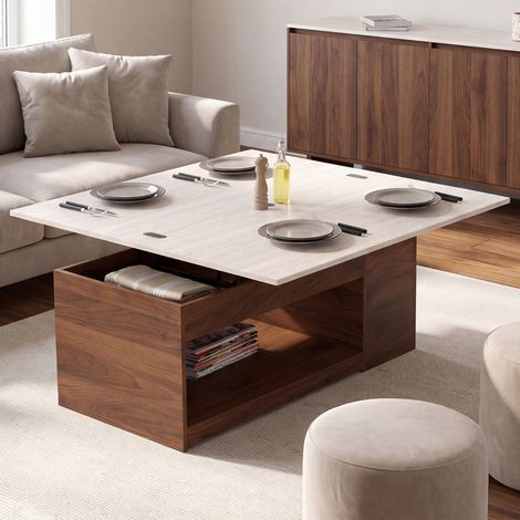 Mesa de centro rectangular con tablero elevable, convertible en mesa de comedor ELEA de 100 cm, con acabado en nogal y tablero c (1/5)