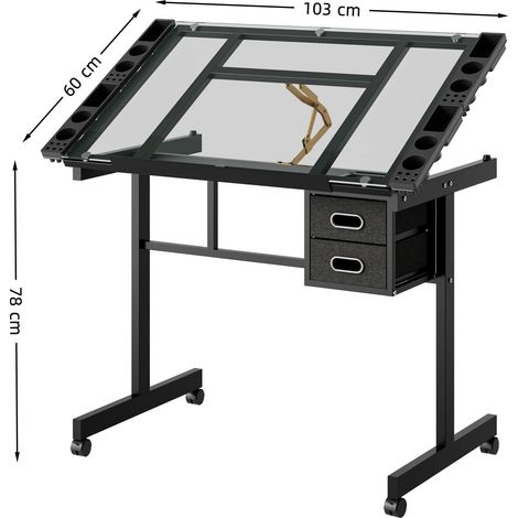 Scrivania da disegno regolabile per arte e artigianato, con 2 cassetti in tessuto e 4 ruote (nera) (1/5)