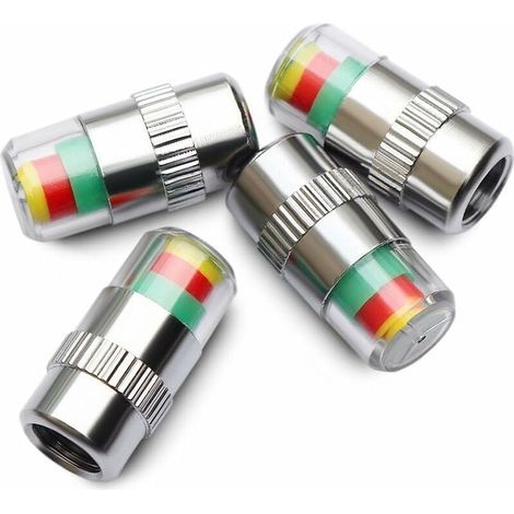 Lot de 4 Capuchons de Valve de Pneu avec Indicateur 3 Couleurs, Chrome + PC, Avertissement Visuel Pression des Pneus (1/4)
