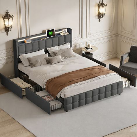 Lit double 160x200cm avec 4 tiroirs,Structure de lit avec avec Ports USB et éclairage LED,Sommier à lattes,Lin,Gris