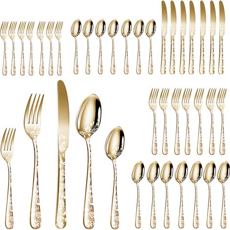 Ensemble d'argenterie en acier inoxydable, 40 pièces, couverts polis miroir, 8 couteaux, 8 fourchettes, 8 cuillères, 8 fourchettes à thé, 8 cuillères à café, doré (1/5)