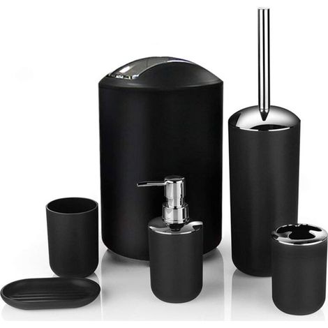 Bathroom Accessory Set, 6 Piece Plastic Set for New Home, Toothbrush Holder, Toothbrush Cup, Soap Dish, All in Black. (1/5)