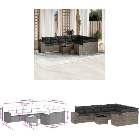 10-tlg. Garten-Sofagarnitur mit Kissen Grau Poly Rattan - Gartenmöbel - PE-Rattan Möbel - Outdoor Set - Esstisch - Lounge Set - Home & Living (1/3)