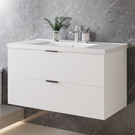 Badmöbel Unterschrank Schubladen mit Keramik Waschbecken Weiß 100cm