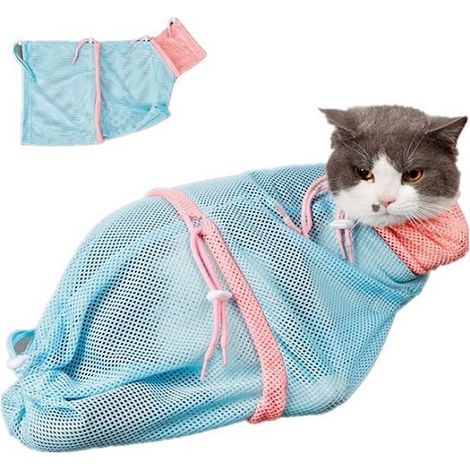 Sac de soins pour chats - Sac en filet pour animaux - Sac à linge pour chats - Rose - Bleu, taille unique (1/4)