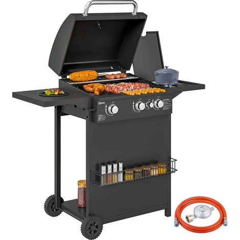 Gasgrill mit separaten Brennern, Deckel mit Thermometer und Seitentisch, Schwarz (1/5)