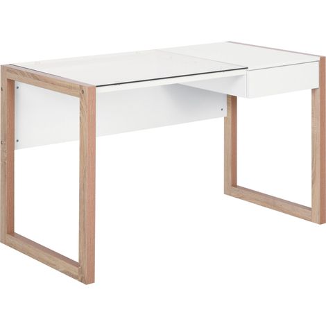 Escritorio de oficina de diseño moderno con tablero de vidrio templado y cajón integrado para oficina o estudio, 120x60x75 cm, color blanco. (1/5)