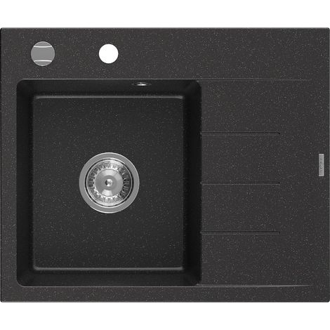 Mexen Ben lavello in granito monovasca con sgocciolatoio, sinistro 600 x 500 mm, nero/argento metallizzato, sifone cromato (1/5)