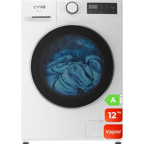 EVVO Lavadora 12 kg carga frontal Nature 12, 1350 rpm, Clase energética A, Motor Inverter, tambor diamante ePROTECT, 15 programas, Función vapor Steam Wash, Lavado Rápido 15', Auto-limpieza Hygiene Pr