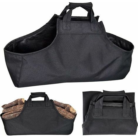 Sac à bûches, Sac à bûches en toile, Sac à bûches pour cheminée, Sac à bois, Poignées pour sac à bois pour cheminées de camping, Poêles à bois, Noir (1/5)