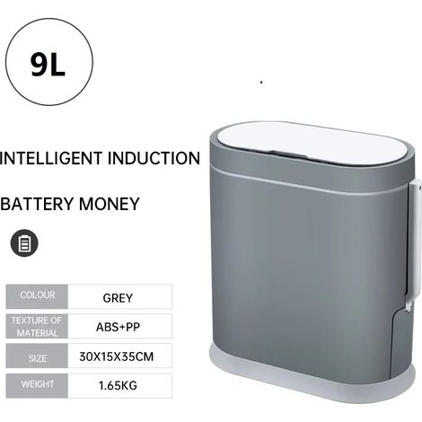 Poubelle de salle de bain automatique avec couvercle et brosse WC (batterie grise 9 L), équipée d'un capteur intelligent. (1/5)