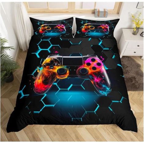 Gamer Console Manette Housse de Couette pour Chambre d'enfant 2 Personne 220x240 cm Console de Jeux Honeycomb Parure- 0NW (1/3)