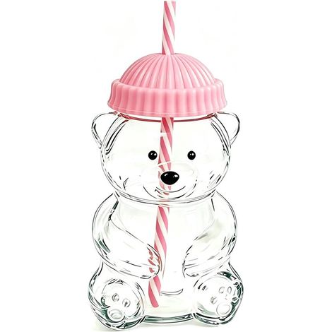 Bouteille d'eau avec paille – 600 ml – Acier et verre – Motif ours – Avec couvercle et paille – Gobelet réutilisable pour café glacé, bubble tea, smoothies et cocktails – Rose (1/5)