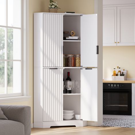 Armoire d’angle 60x60x172 cm à 4 portes, étagères réglables, rangement cuisine en MDF blanc (1/5)