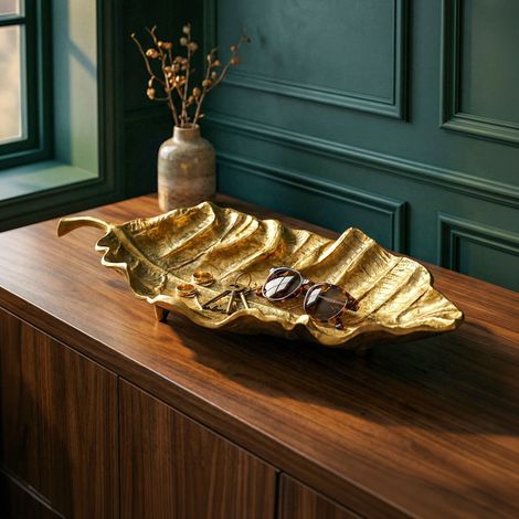 Coupelle décorative forme feuille 67x27x11 cm en aluminium doré (1/5)