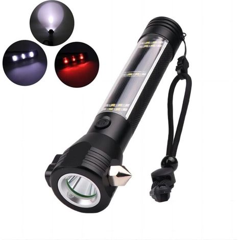 10-in-1 Multifunktions-Autotaschenlampe – mit Scheibenbrecher und Gurtschneider – Multifunktionale Solartaschenlampe mit 7 Modi – LED-Autotaschenlampe – Schwarz (1/4)