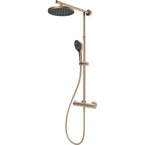 Schulte – Colonne de douche thermostatique avec thermostat intégré – Pommeau rond orientable – Douchette à main ronde – Cuivre – Blocage sécurité 38°