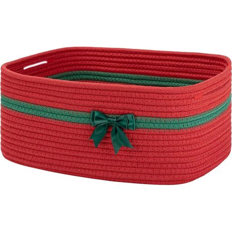 Panier De Rangement Pour Cadeaux - En Coton Tissé - Forme Boîte À Cadeaux Avec Nœud - 34,5 x 25,5 x 15 cm - Rouge (1/5)