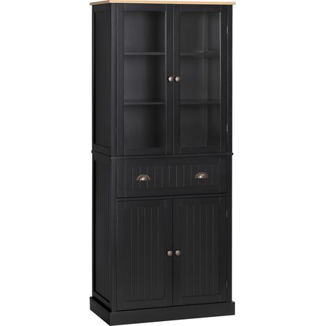 Küchen-Sideboard/Aufbewahrungsschrank mit 4 Türen (2 Glastüren und 1 Schublade) und verstellbaren Einlegeböden – schwarz