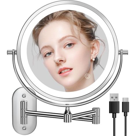 8-Zoll-Wandkosmetikspiegel, USB-aufladbar, LED, 3-farbige Beleuchtung, doppelseitig, 1-fache/10-fache Vergrößerung, Touch-Schalter