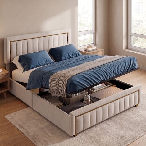 Cama canapé 180x200 cm con somier de láminas - Cama doble tapizada en terciopelo beige y borde dorado - Diseño moderno con almacenamiento hidráulico elegante (1/5)