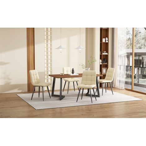 Ensemble salle à manger 5 pièces moderne, table cuisine avec 4 chaises velours beige, plateau MDF imitation noyer, piètement métal noir