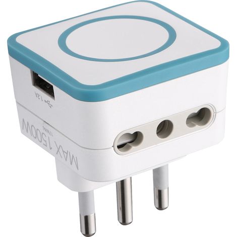 Adattatore Triplo 2 Prese 10/16A e 1 USB Output 1.2A, Blu