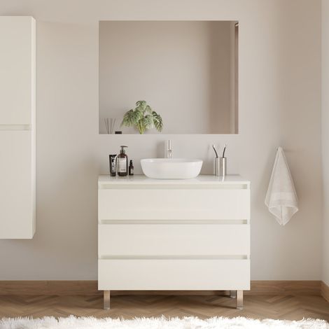Meuble de salle de bain 100cm avec plateau et vasque à poser arrondie - 3 tiroirs - blanc brillant - MAYOR