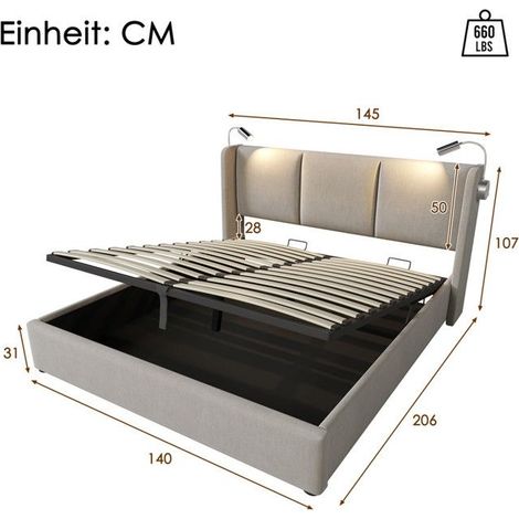 Lit double 140x200 cm - Lin beige - Lampe de lecture - Charge USB - Coffre de rangement intégré (1/5)