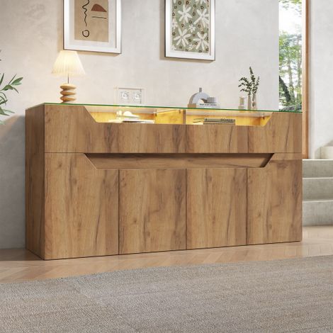 Modernluxe - Buffet avec plateau en verre trempé - 2 tiroirs et 4 portes - Aspect en bois - Naturel (1/5)