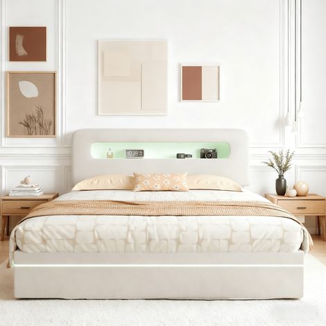 Lit coffre 140x200 cm avec rangement hydraulique, Cadre de lit 140x200 avec sommier LED et tête de lit rangement, velours, beige (1/5)
