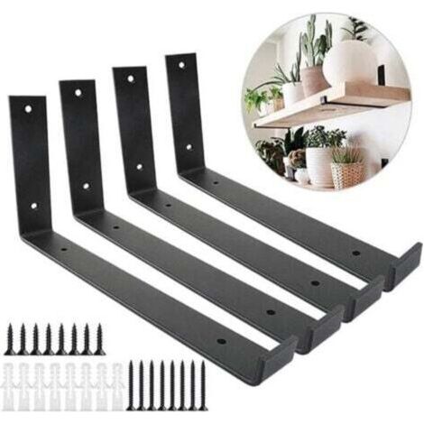 FENOPLASTICAUn ensemble de 4 supports muraux robustes de 4 mm d'épaisseur pour échafaudage et support d'étagère murale supports d'étagère industriels noirs avec vis assorties (25 cm). (1/4)