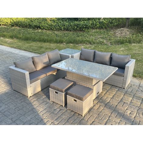 Fimous Polyrattan Essgruppe Gartenmöbel Set Höhe verstellbar Esstisch Set mit Sofa Beistelltisch Kleiner Fußhocker Helles Grau (1/5)