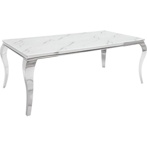 Tavolo da pranzo VELENA 180 cm – Piano in vetro effetto marmo bianco – Struttura in acciaio argentato (1/5)
