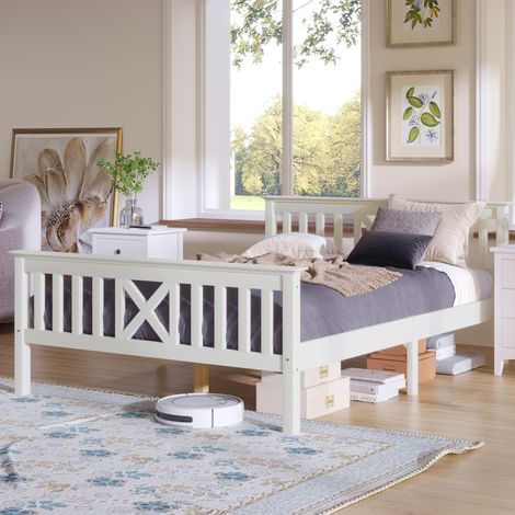Letto matrimoniale in legno massello bianco 140x200 cm con testiera a X e rete a doghe inclusa