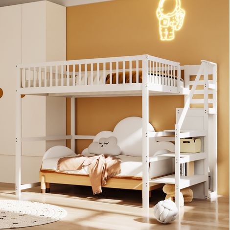 Letto a soppalco moderno 140x200 cm in legno bianco con scala contenitore, armadio integrato e rete a 15 doghe (1/5)