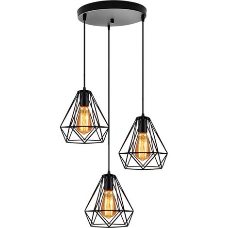 Suspension Vintage Cage À Diamants 20CM Plafonnier Rétro 3 Lumières Lustre Pour Salon Salle À Manger Bar Balcon Noir (1/5)