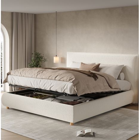 Letto matrimoniale imbottito moderno bouclé bianco 180x200 cm con testiera e vano contenitore idraulico