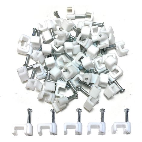 Lot de 50 clips fixation plats - Plastique blanc - Pour câbles TV et Internet - Fixation murale sécurisée - Diamètre 6 mm (1/5)