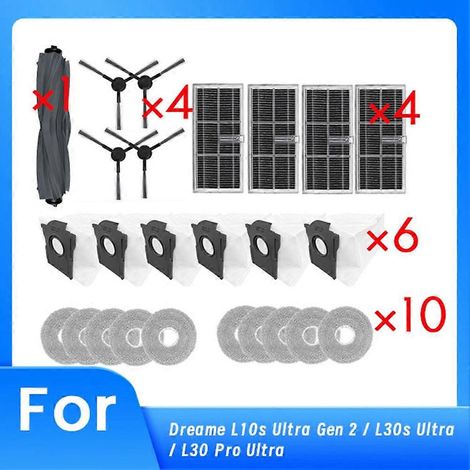 Lot de 25 pièces pour aspirateur robot Dreame L10s Ultra Gen 2 / L30s Ultra / L30 Pro Ultra : brosse principale, filtre et sac à poussière. (1/5)