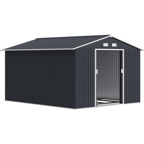 Abri Jardin Acier Galvanisé 8,3 m² Kit Fondation Aérations Toit Pente Porte Double Verrouillable Cabanon Outils Gris (1/5)
