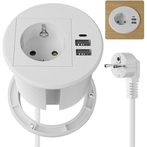 Multiprise Encastrable, avec 1 Prise, 2 USB-A et 1 USB-C, Ø 80mm, Pour Bureaux, Plans de Travail, Meubles, Blanc (1/5)