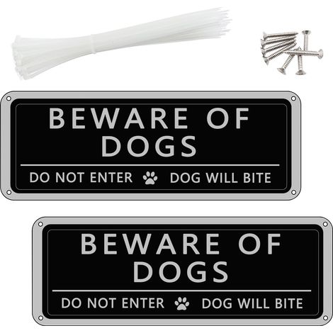 Lot de 2 panneaux Beware of Dogs de 24,9 x 8,9 cm en aluminium avec attaches zippées et vis, panneau d'avertissement Do Not Enter pour portail extérieur, mur et clôture (1/5)