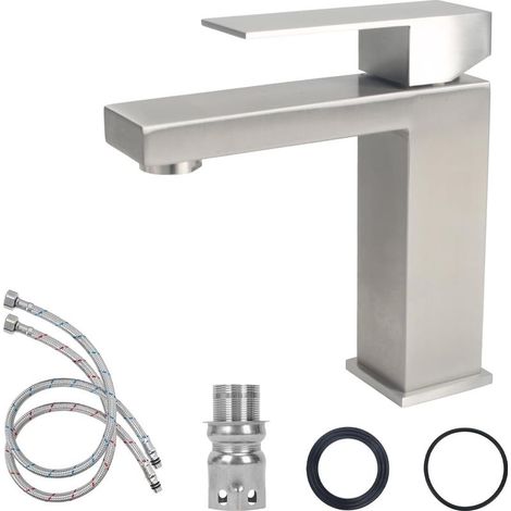 Robinet Salle Bain Acier Inoxydable, Mitigeur Lavabo avec Tuyau, Poignée Unique Robinet Lavabo Salle de Bain, Robinets Lave Main Eau Chaude et Froide pour Cuisine (Brossé) (1/5)