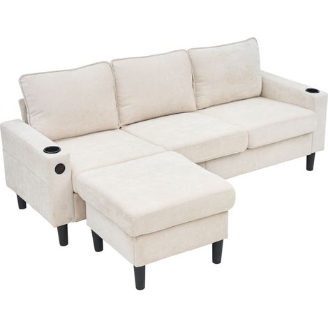 Divano a L 4 Posti con USB e Type-C, Portabicchieri, Moderno e Pratico, in Tessuto Beige, per Soggiorno e Appartamento (1/5)
